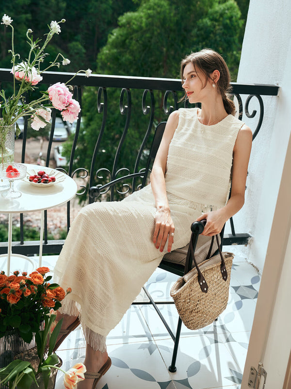 Girlsgarb French Lace Tassel Two-Piece Set Milk Tea Apricot