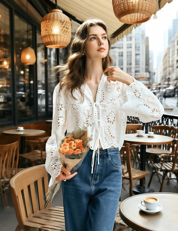 Girlsgarb Cream White Lace Trim Long Sleeve Blouse