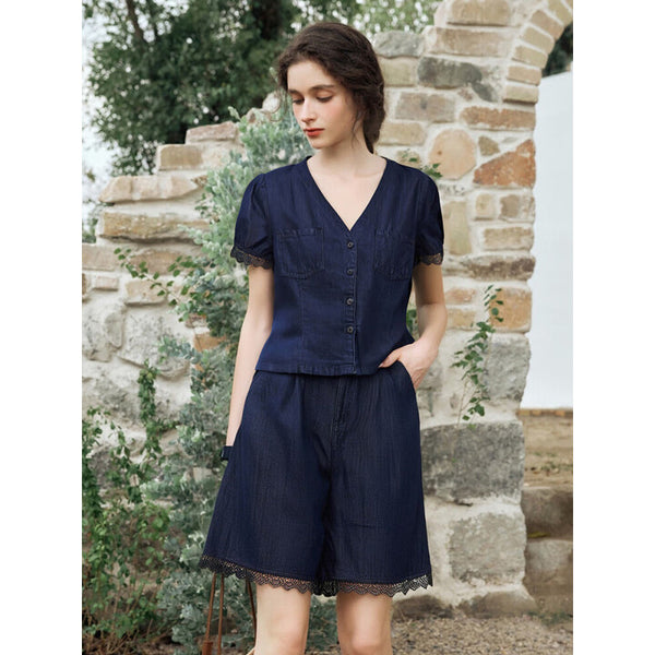 Girlsgarb Denim Patchwork Lace Two-Piece Set