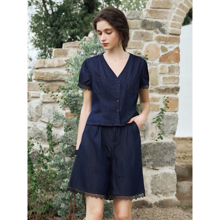 Girlsgarb Denim Patchwork Lace Two-Piece Set