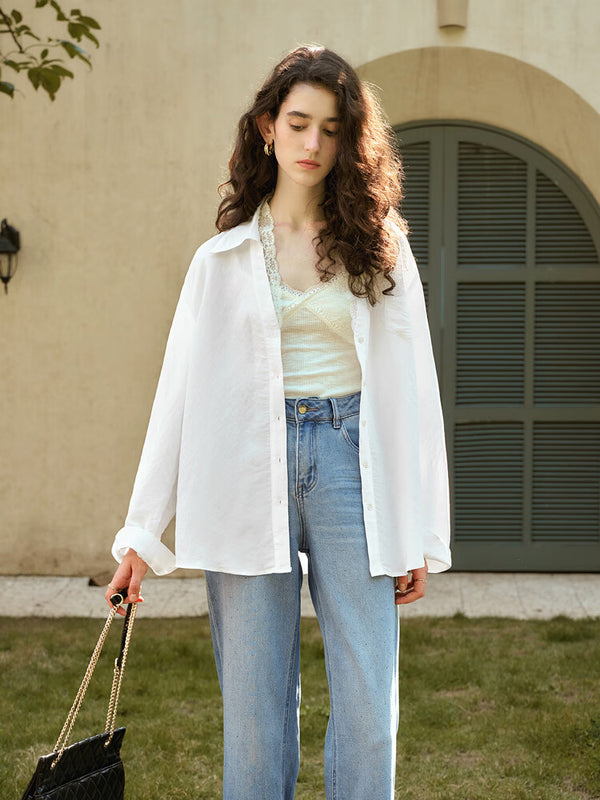 Girlsgarb French White Double-Layer Lace Commuter Blouse