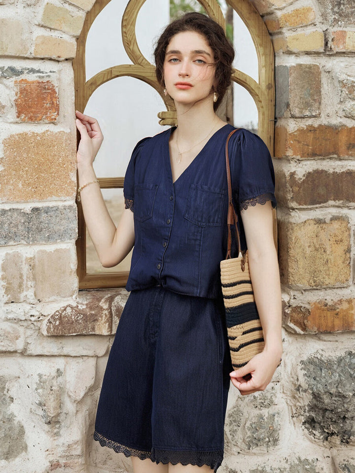 Girlsgarb Denim Patchwork Lace Two-Piece Set
