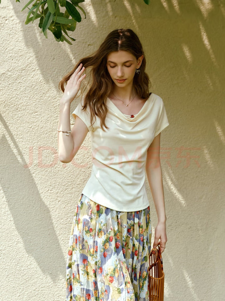 Girlsgarb French Chic Drape Neck Slimming Short Sleeve T-Shirt