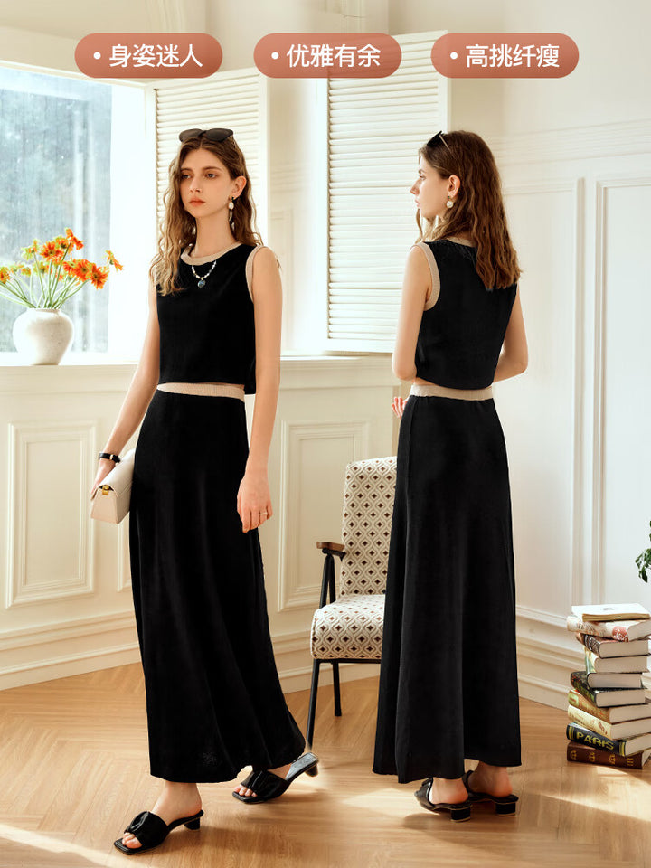 Girlsgarb Obsidian Black Sleeveless Knit Two-Piece Skirt Set