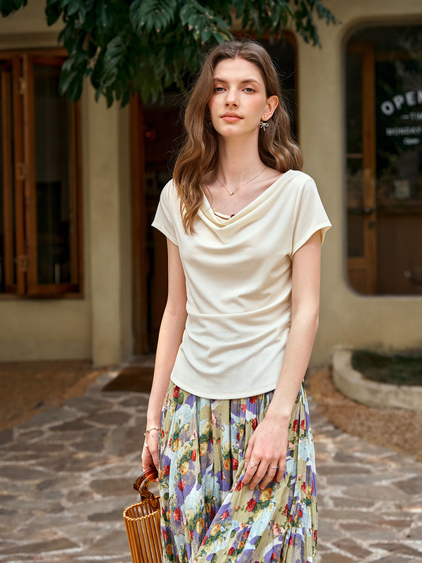 Girlsgarb French Chic Drape Neck Slimming Short Sleeve T-Shirt